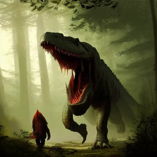 Image similar to tyrannosaurus rex walks through moonlit forest, scenery, oil painting, Tooth Wu, Greg Rutkowski, RPG, dynamic lighting, fantasy art, high contrast, depth of field