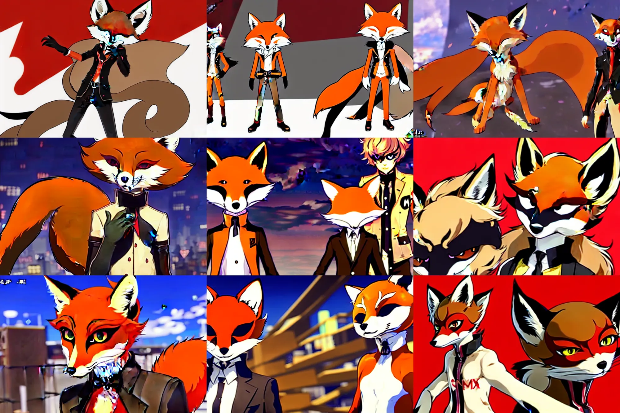 Image similar to a furry tan male fox on a persona 5 : royal ( by atlus ) video game splash screen, a furry male sandy sand - colored beige tan fur fox fursona ( has light brown hair ), persona 5 phantom thief style