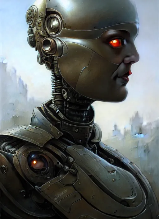 Image similar to closeup portrait shot of a robot soldier in a scenic dystopian environment, intricate, elegant, highly detailed, centered, digital painting, artstation, concept art, smooth, sharp focus, illustration, artgerm, tomasz alen kopera, peter mohrbacher, donato giancola, joseph christian leyendecker, wlop, boris vallejo