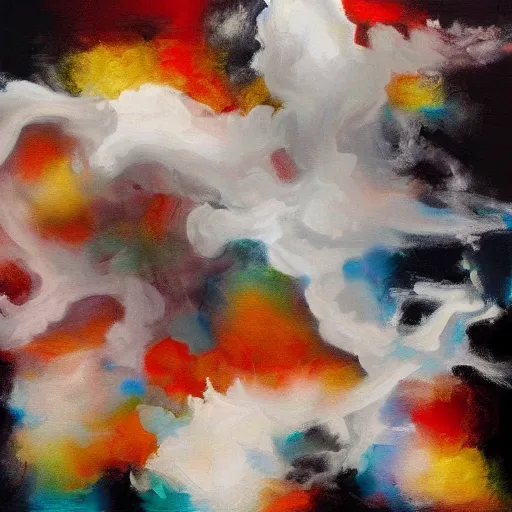 Prompt: an abstract painting of a cloud of nicotine smoke consuming modern party guests, highly artistic