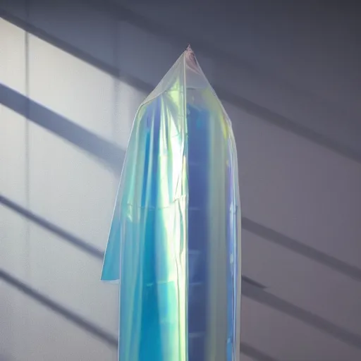 Prompt: an ultra high definition professional studio quality photograph of a transparent iridescent perspex pastel coloured raincoat tent combo on a white coat hook in an empty white room. dramatic lighting, ray tracing, refraction, shallow d. o. f, colour corrected, golden ratio, three point light. volumetric shadows. light rays.