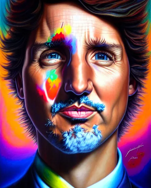 Image similar to detailed portrait of justin trudeau colorful socks!!! by tomasz alen kopera and peter mohrbacher and johanna martine! and margaret keane! coherent luminescent