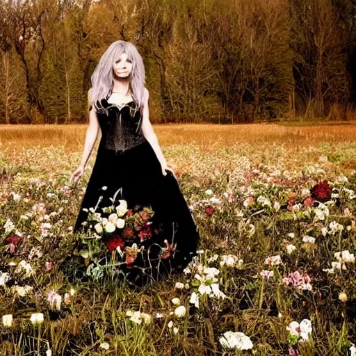 Image similar to Lacey Sturm the lead singer from the band Flyleaf in a black gothic wedding dress in the middle of a wilted field of flowers nearby with a dark forest in Autumn rocking out with her band. edgy album cover. 2000s rock.