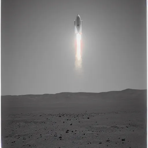 Image similar to black and white polaroids of a rocket taking off from mars