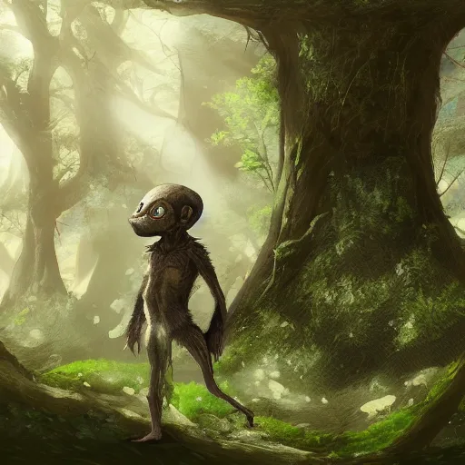 Prompt: a highly detailed portrait of a tiny humanoid creature standing in a fantasy forest concept art
