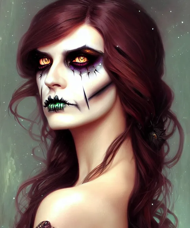 Prompt: Halloween makeup woman portrait, sci-fi, amber eyes, face, long hair, fantasy, intricate, elegant, highly detailed, digital painting, artstation, concept art, smooth, sharp focus, illustration, art by artgerm and greg rutkowski and alphonse mucha