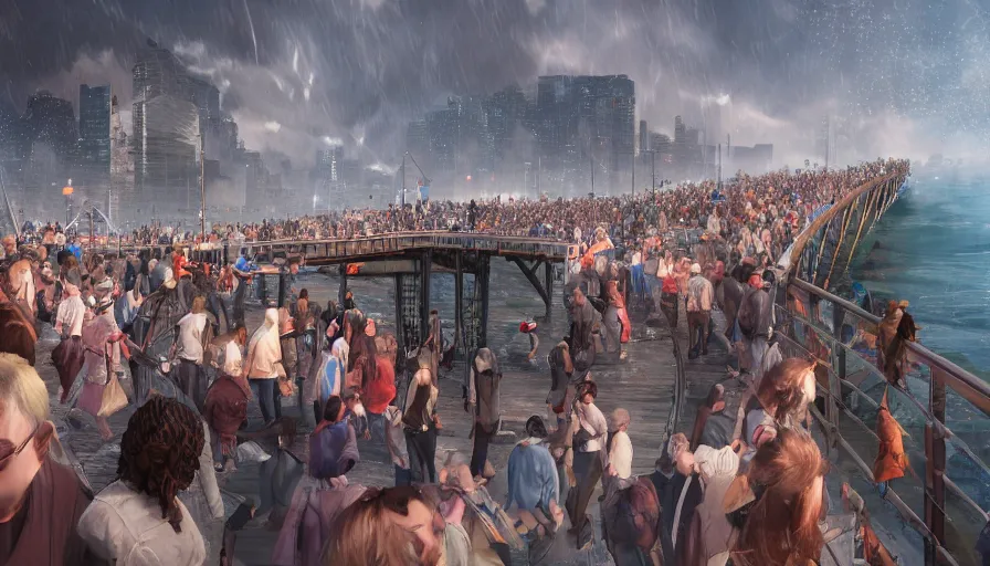 Image similar to people on a bridge watching tsunami coming to them, hyperdetailed, artstation, cgsociety, 8 k