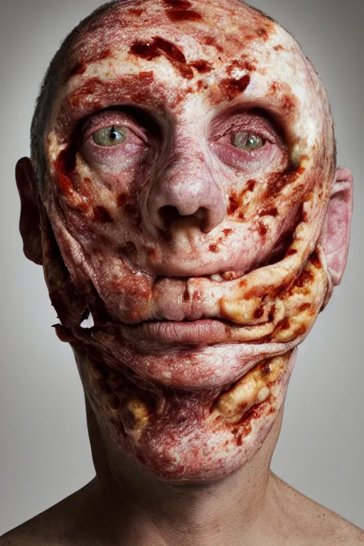 Image similar to portrait of man with facial deformity making the head a flat and circular disc, looking like a pizza, uneven skin with baked crust appearance, large freckles like burnt spots, cheeks look like tomato slices, muted colors, soft lighting, sharp focus, neutral background, masterpiece, photo by jimmy nelson, giger, cindy sherman