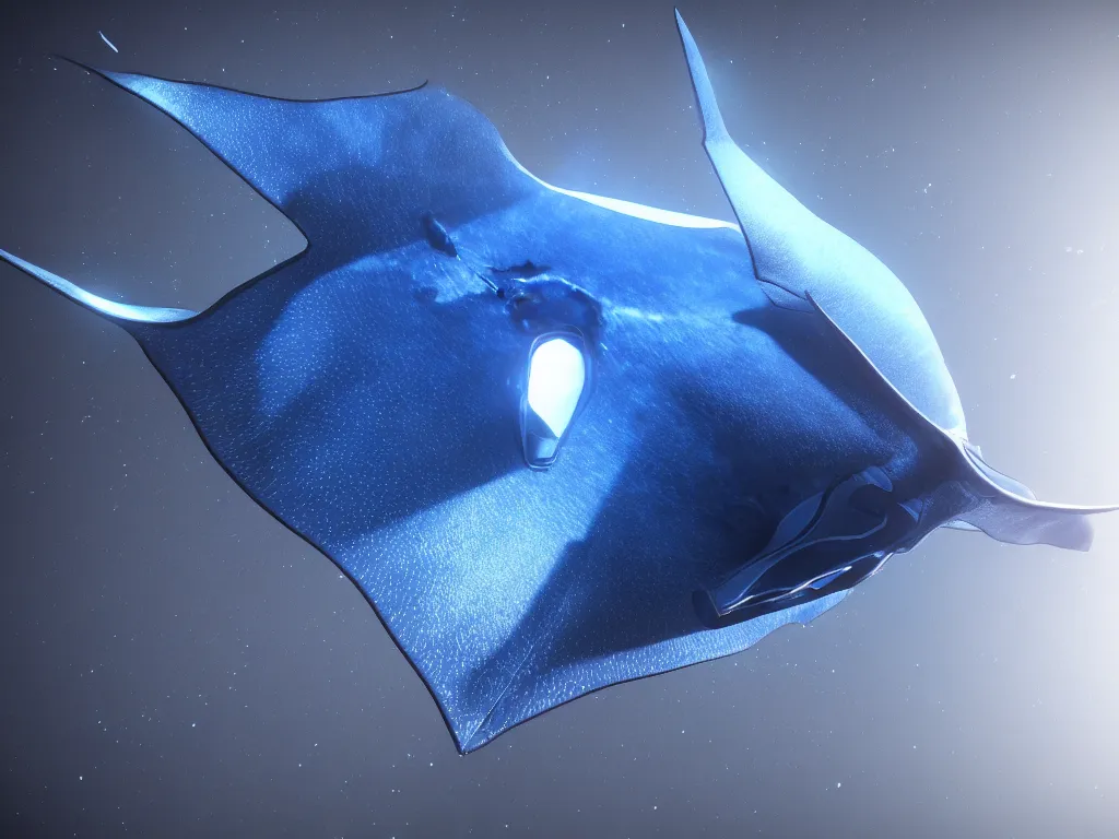 Prompt: giant manta ray in space, unreal engine 5, perspective 3 d octane render, cold blue color scheme!!!, by 8 k, light rays, lens flare, epic, hyperdetailed, trending on artstation