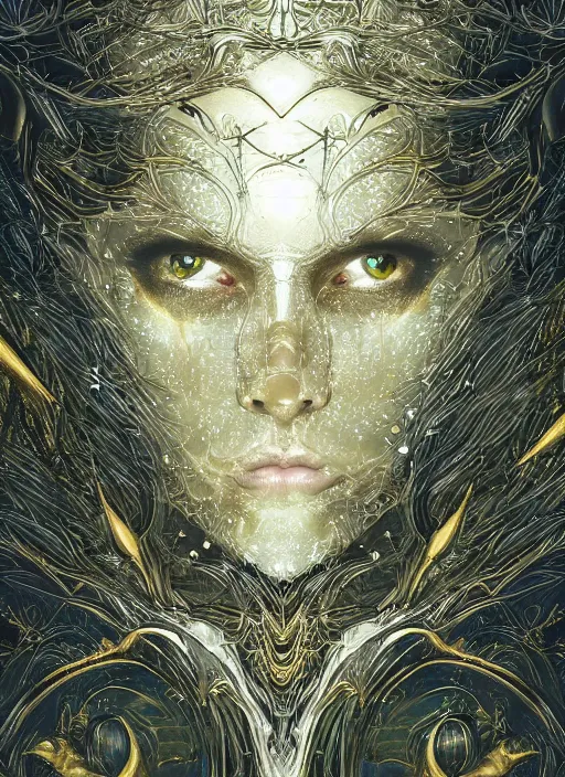 Image similar to glowing silver and golden elements, full close-up portrait, vector crow, book cover, green forest, white moon, establishing shot, extremly high detail, photo-realistic, cinematic lighting, pen and ink, intricate line drawings, by Yoshitaka Amano, Ruan Jia, Kentaro Miura, Artgerm, post processed, concept art, artstation, matte painting, style by eddie mendoza, raphael lacoste, alex ross