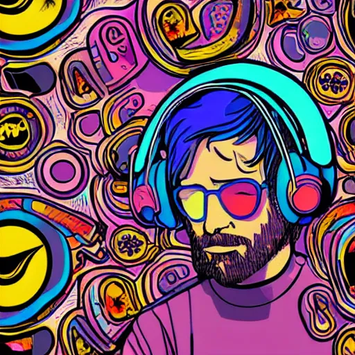 Prompt: artgerm, psychedelic trey anastasio, rocking out, headphones dj rave, digital artwork, r. crumb, svg vector