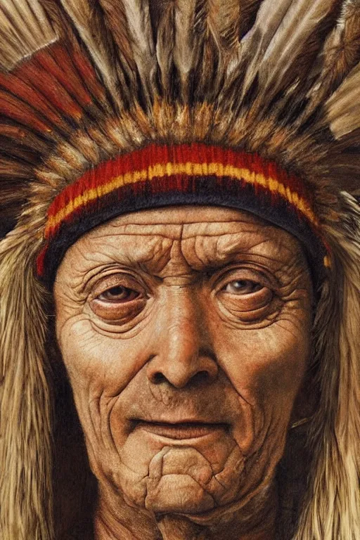 Image similar to hyperrealism close-up portrait of an ugly old man and lama in War bonnet in style of da Vinci