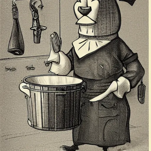 Image similar to fan art of an anthropomorphized hen with a worried expression, wearing an apron, pointing to the kitchen sink