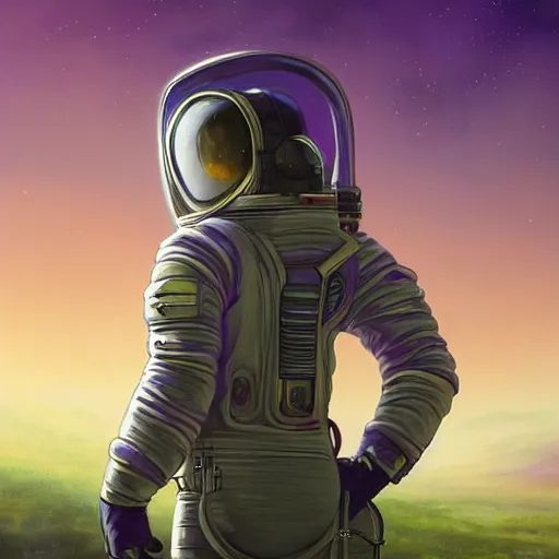 Image similar to epic portrait an astronaut standing on a lush purple world, sunset, giant purple sun, beauty, pretty clouds, digital painting, artstation, concept art, soft light, hdri, smooth, sharp focus, illustration, fantasy, intricate, elegant, highly detailed, D&D, matte painting, in the style of Greg Rutkowski and Alphonse Mucha and artemisia, 8k, highly detailed, jurgens, rutkowski, bouguereau, pastoral, rustic, georgic