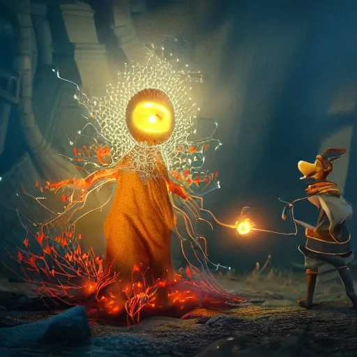 Image similar to fire mage casting a spell expressive eyes, floating, rbc, bunny, radiolaria, protophyta, micro - organisms, center frame, symmetric, rim light, marine microbiology, bioluminescence, electric, fur, soft, concept art, intricate details, highly detailed, colorful, photorealistic, disney pixar, octane render,