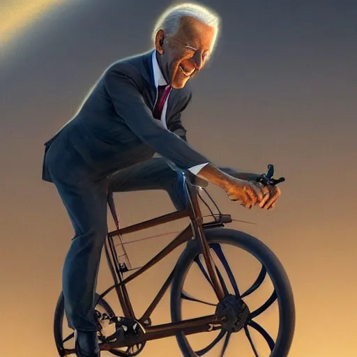 Image similar to Hyper realistic portrait of Joe Biden riding a bicycle made of hair, Cinematic lighting, ultra super good realistic 3D render by Gerald Brom and James Jean, Trending on Artstation, I can't believe how detailed this is, 8k, post processing, sharp focus.