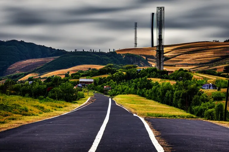 Image similar to looking down road, warehouses lining the road. hills background with radio tower on top. telephoto lens compression.