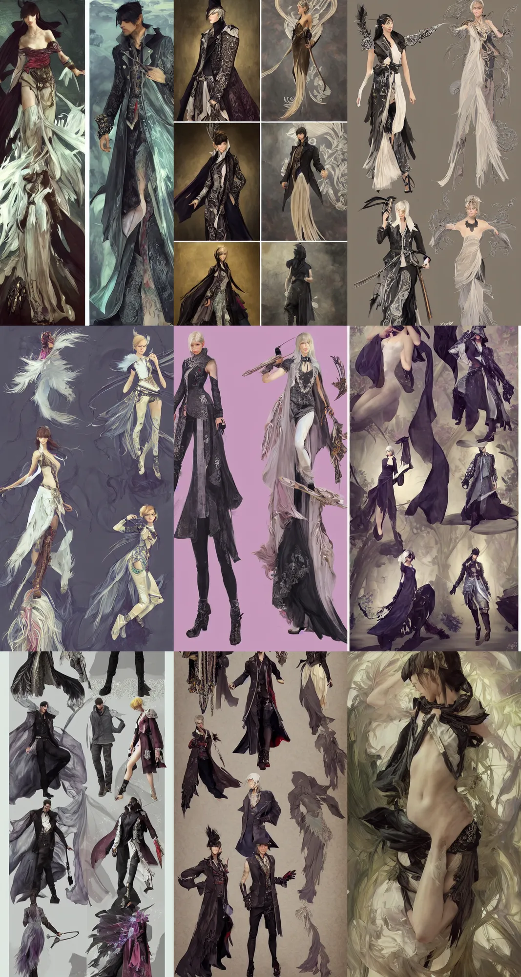 Prompt: Painterly character concept and fashion spot illustrations from the Final Fantasy 15 and Assassin's Creed Syndicate mashup, full-body, bloom, dynamic poses, diaphanous cloth, bloom, god rays, studio lighting, intricate crystalline and feather jewelry, ornate, filigree, arcane, cinematic lighting, by Alphonse Mucha, by John Singer Sargent, by Bouguereau, by Rubens, fantasy, portfolio illustration, highly detailed, trending on Artstation, CGsociety, Pixologic top row, rendered in Octane, rendered in Arnold, HQ, 8k, 35mm lens, f2.8, Bokeh,