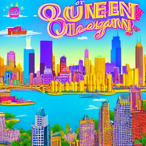 Prompt: queen of michigan invades chicago, illustrated by lisa frank, wide angle, scenic, radiant