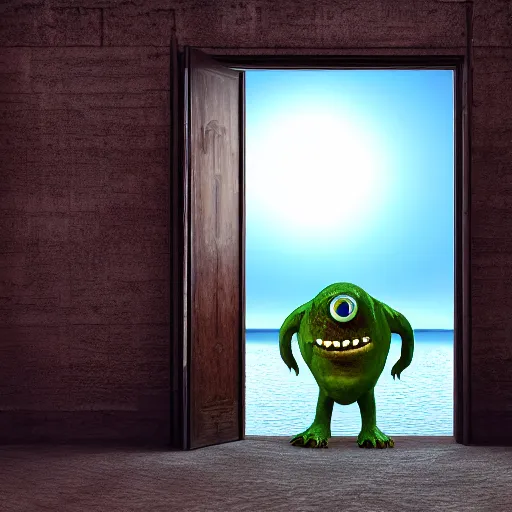 Image similar to photography, 3 d render, monster, open door, water in the window