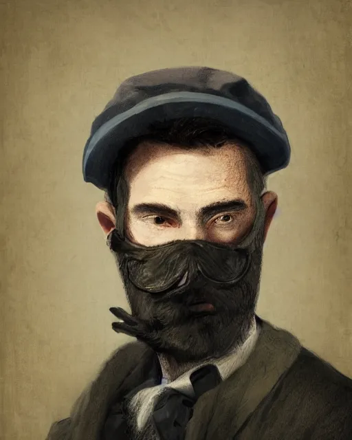 Image similar to a portrait of a male vintage thief with three-day beard, eye mask and cap by Cedric Peyravernay