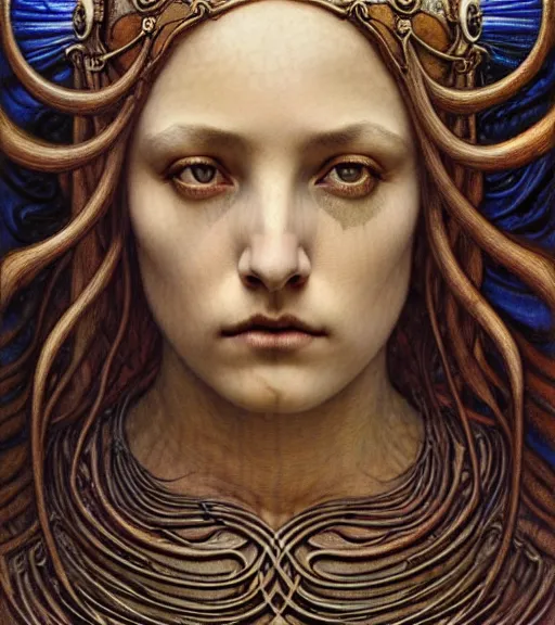 Prompt: detailed realistic beautiful young medieval queen of mars face portrait by jean delville, gustave dore and marco mazzoni, art nouveau, symbolist, visionary, gothic, pre - raphaelite. horizontal symmetry by zdzisław beksinski, iris van herpen, raymond swanland and alphonse mucha. highly detailed, hyper - real, beautiful