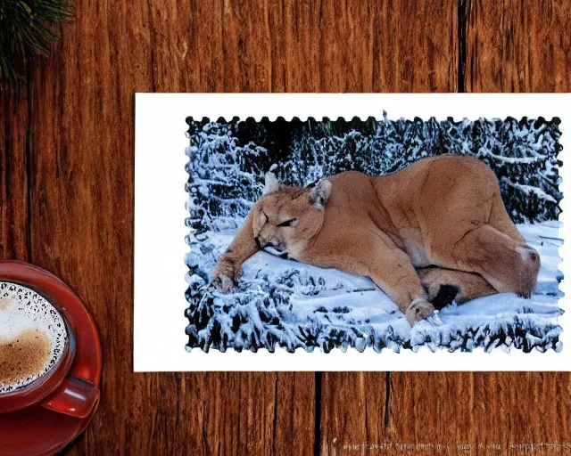 Image similar to postcard showing 'a cougar sleeping in the middle of snowy pine tree' laying on coffee table with stamp and damaged due to age, zoomed out shot, HD, iphone capture