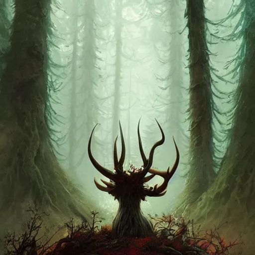 Image similar to highly detailed creepy forest creature with antlers, stephen bliss, unreal engine, fantasy art by greg rutkowski, loish, rhads, ferdinand knab, makoto shinkai and lois van baarle, ilya kuvshinov, rossdraws, tom bagshaw, global illumination, radiant light, detailed and intricate environment