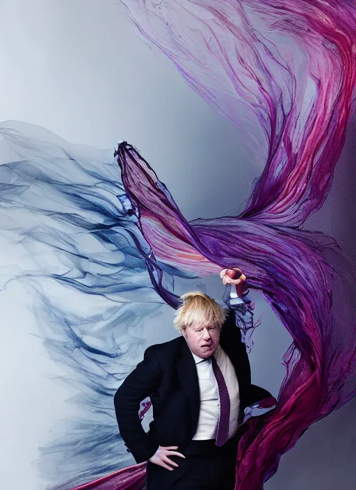 Prompt: boris johnson in a photorealistic dramatic hyperrealistic render of a beautiful smoke dancer by ken brower and deborah ory of nyc dance project, lois greenfield, flowing cloth and smoke colourful acrylic ink drop art, beautiful boris johnson dynamic dramatic dark moody lighting, volumetric, shadows, cinematic atmosphere, octane render, 8 k