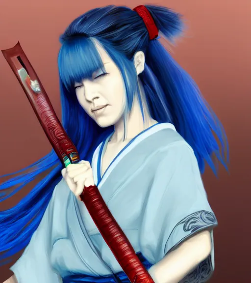 Prompt: a girl with blue hair holding a katana, samurai outfit, japanese clothes, ponytail, action shot, highly detailed, digital painting, artstation, concept art, smooth, sharp focus, kunoichi, illustration