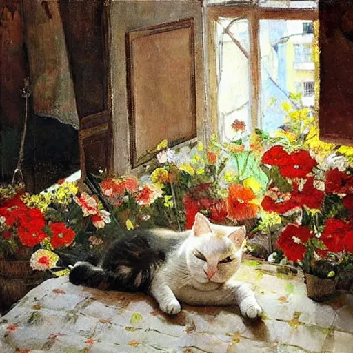 Prompt: A cat is sleeping in the room with flowers around in the afternoon, the sun shines in, oil painting, denis sarazhin