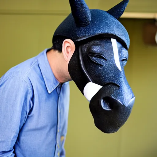 Prompt: man wearing horse head mask