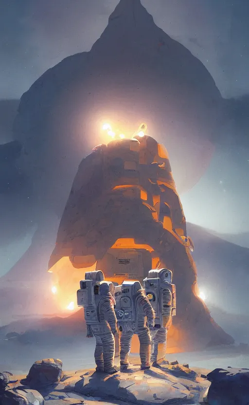 Image similar to a beautiful artwork illustration, astronauts with flashlights stand in front of a giant obsidian monolith on the moon, by greg rutkowski and jesper ejsing and raymond swanland, featured on artstation, wide angle, vertical orientation