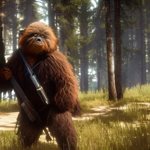 Prompt: Film still of an ewok in Red Dead Redemption 2 (2018 video game)