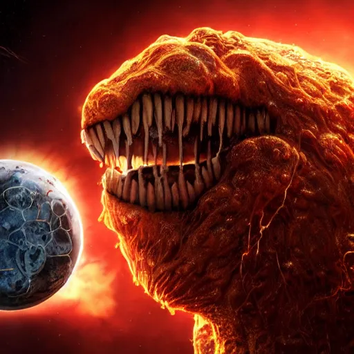 Image similar to eldritch horror bloody garfield in space, hd, 8 k, giant, epic, realistic photo, unreal engine, stars, prophecy, powerful, cinematic lighting, destroyed planet, debris, violent, sinister, ray tracing, dynamic, epic composition, dark, horrific, teeth, grotesque, monochrome drawing, hellscape