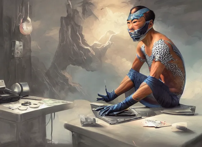 Prompt: an insanely detailed and realistic painting of an asian man wearing a homemade superhero costume, sitting at a desk, staring seriously at the computer and typing, in the style of peter mohrbacher, james jean, artgerm, dramatic lighting and composition, surreal background, octane render, pixar, trending on artstation, concept art, comic book, 8 k