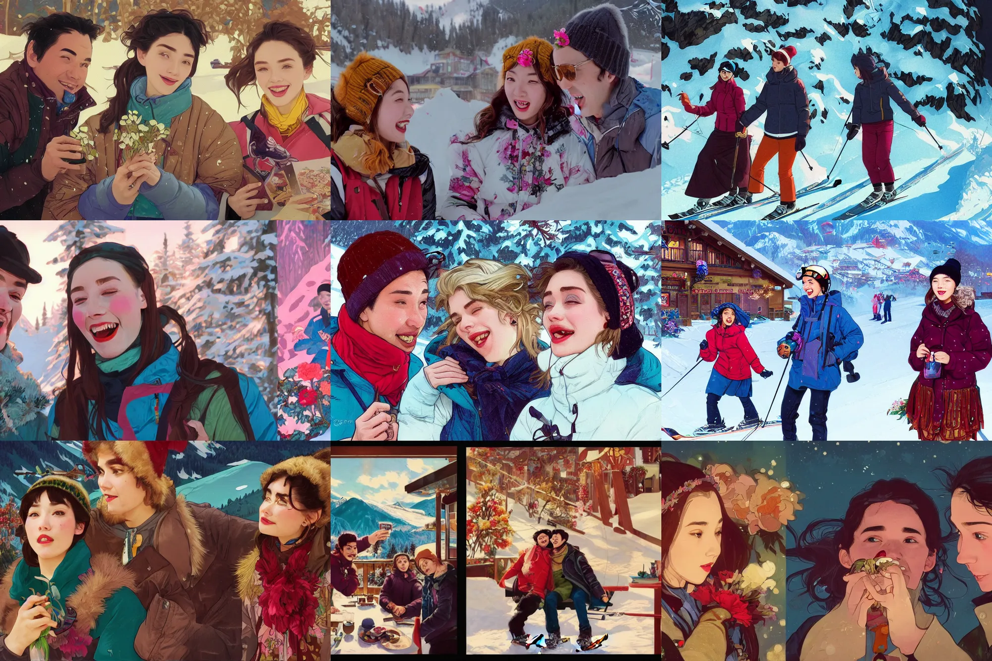 Prompt: a cinematic joyous closeup moment of two school friends enjoying life in a ski cafe and visiting wearing boho clothing peonies, boy girl traditional romance, full body illustration, incredible art by wong kar wai and artgerm and greg rutkowski and alphonse mucha and simon stalenhag and doja cat