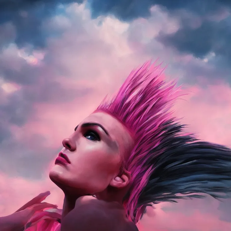 Image similar to oil painting, punk, pretty face, rich deep colors masterpiece, pink, mohawks, neon, ultra detailed, contrast, heaven pink, arches, clouds, sky, volumetric light, atmospheric lighting, dramatic, cinematic, moody, octane render 4 k, 8 k