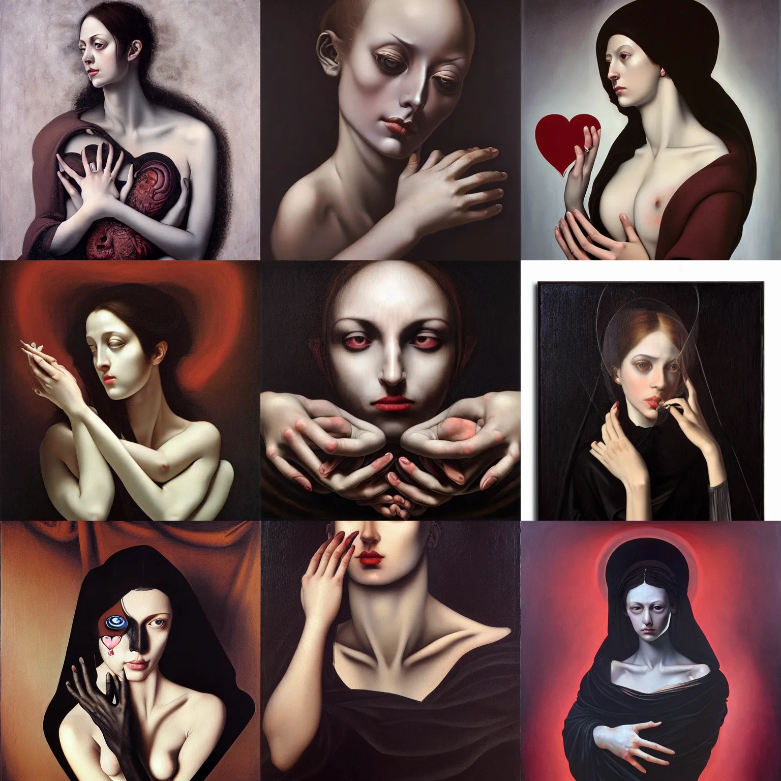 Prompt: Oil painting of beautiful woman with broken into pieces pale face in black cloth which holds surreal ornate heart in her hands, the long shot, dramatic lighting, high-detailed oil painting by Michelangelo da Caravaggio, Alex Grey and Beksinski, masterpiece, 4k