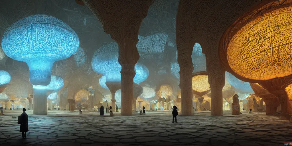 Image similar to Photorealistic mosque in giant glowing mushroom underworld, with great domes and arches, people and androids wearing traditional japanese clothing. Hyperdetailed photorealism, UHD, amazing depth, glowing rich colors, golden ration, 3D octane cycle unreal engine 5, 3d shading, cinematic lighting, artstation concept art