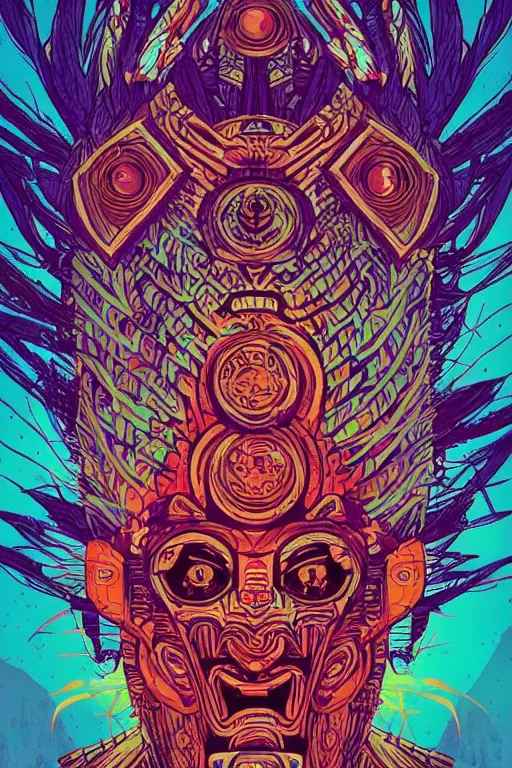 Image similar to totem animal tribal chaman vodoo mask feather gemstone plant video game illustration vivid color borderlands and by feng zhu and laurie greasley, victo ngai, andreas rocha, john harris radiating a glowing aura