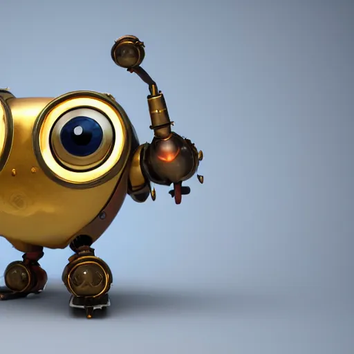 Image similar to a small chubby bot, smooth panelling, one large gold eye intricate detail, style of pokemon, with damaged rusty arms, broken antenna, recycled, floating, white studio, oil, mechanical, toy, ambient light, in the style of pixar animation, pokedstudios, blender, octane render, 8 k,