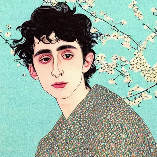 Prompt: “ timothee chalamet portrait by ikenaga yasunari and ayana otake and ko rakusui, 6 0 s poster, drawing, realistic, sharp focus, japanese, dreamy, nostalgia, faded, golden hues, floral clothes ”