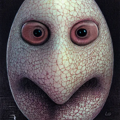 Image similar to humpty dumpty in form of egg, detailed pattern on skin, front view by by luis royo and wayne barlowe, beksinski