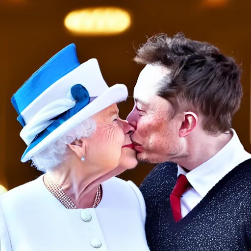 Prompt: Elon musk kissing the queen
