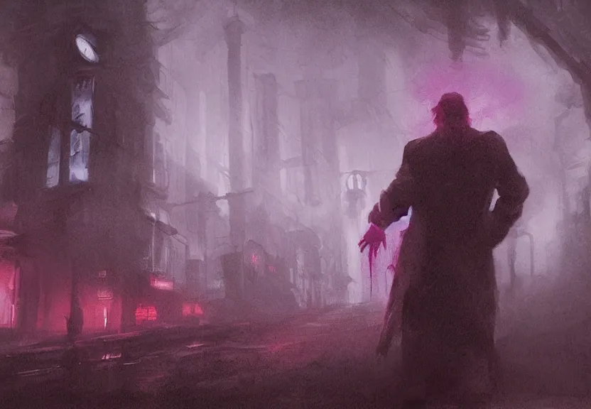 Image similar to painting of the figure of a man in a haunting scenery during the 1 9 8 0's, stephen king inspired, the it, high contrast, concept art, fully colored, purple filter, neon, dramatic lighting, digital art, 8 k, arkham city, call of cthulhu, extremely detailed, drawn by ruan jia