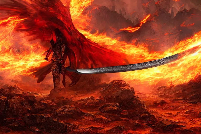 Prompt: Mythical Sword of Fire Flying through a Desolate Battlefield, digital art, fantasy, magic, celshaded, professional illustration, arcane, ultra detailed