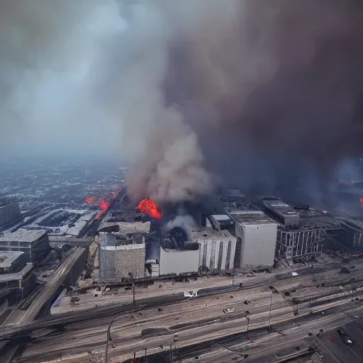 Prompt: aerial photography of post-apocalyptic downtown Chicago, cars and buildings burning on fire, foggy, 4K