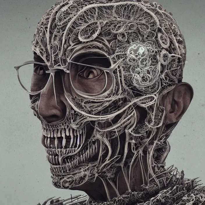 Image similar to portrait of Dalai Lama as skeleton. intricate abstract. intricate artwork. nightmare fuel. by Tooth Wu, wlop, beeple, dan mumford. octane render, trending on artstation, greg rutkowski very coherent symmetrical artwork. cinematic, hyper realism, high detail, octane render, 8k, iridescent accents