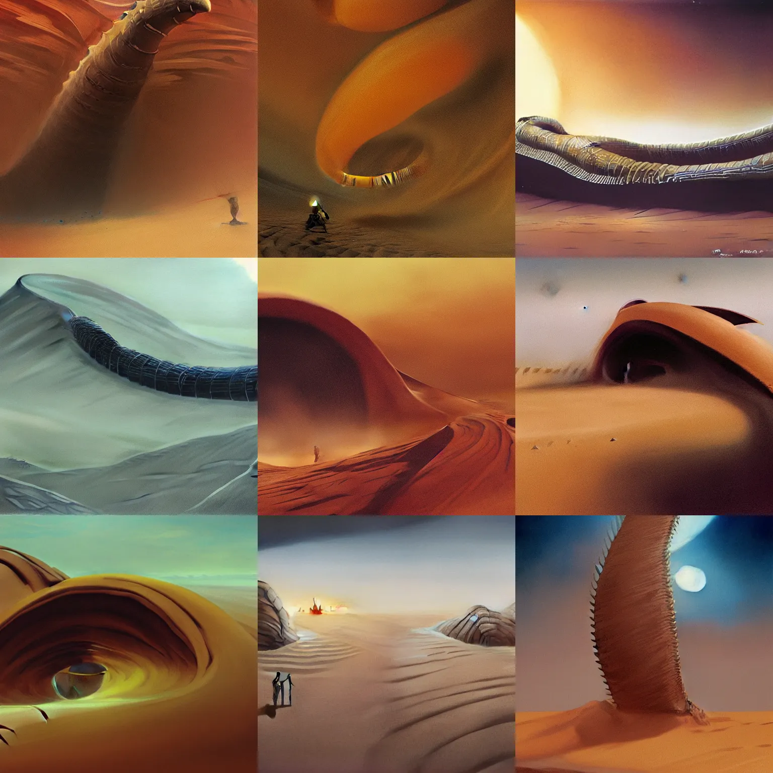 Prompt: dune, huge sandworm unleashed out of sand, worm strikes from air and is going to eat people, realism, detailed, artstation, by John Harris